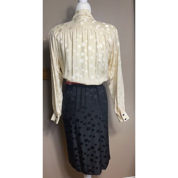 Liz Claiborne Silk Dress 80s Blouson Shirt Dress Midi Black Ivory Womens Sz 4-6 - Picture 3 of 10